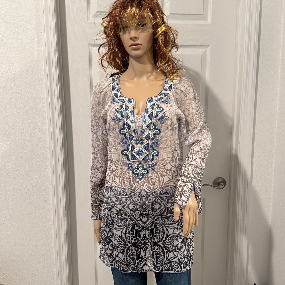 STUNNING WHBM Sheer Beaded Ombre LS Tunic Top Metallic Thread Sz XS NWT $180